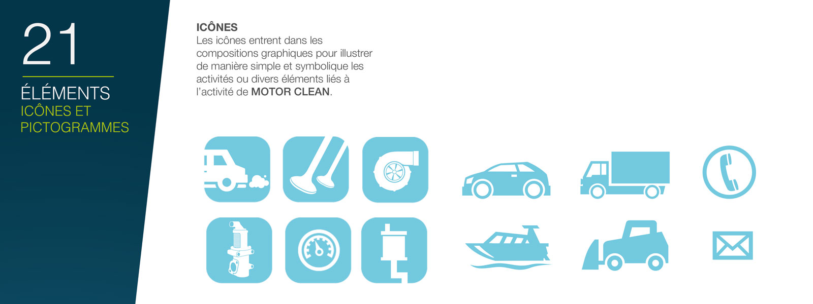 icônes de la charte graphique Motor Clean